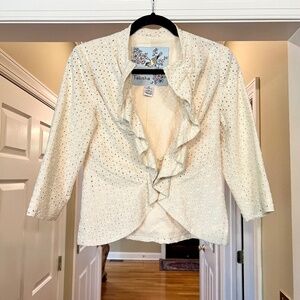 NWOT Anthropologie Tabitha Ivory Ruffle Front Eyelet Jacket Blazer Size 8